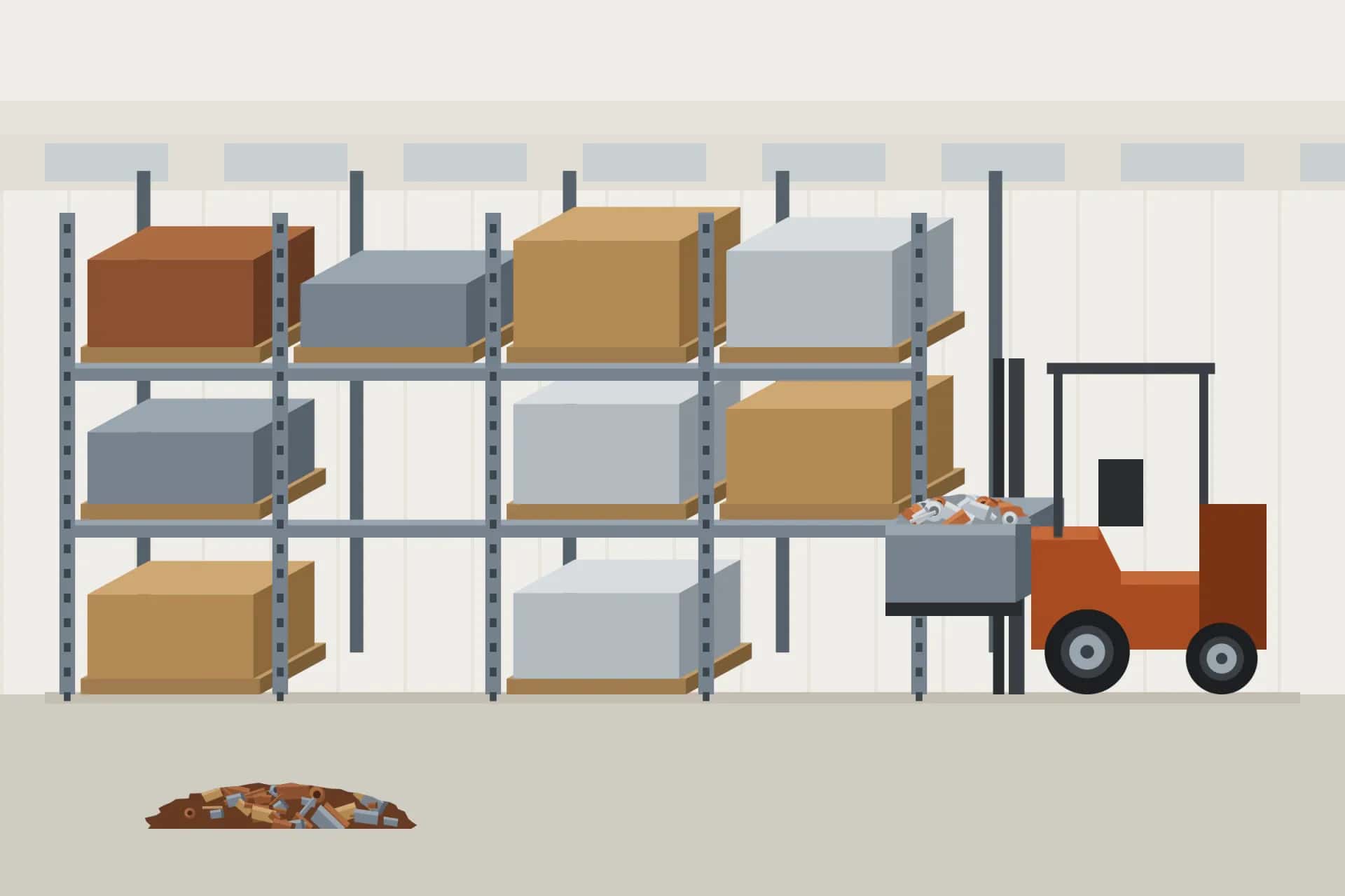 Depo temizliği illüstrasyonu: raflı depo ve hurda kasası taşıyan forklift