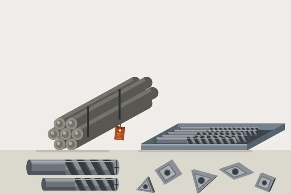 Elmas, karbür ve tungsten hurda illüstrasyonu: tungsten çubuklar, parmak frezeler, matkap ve kesici uçlar