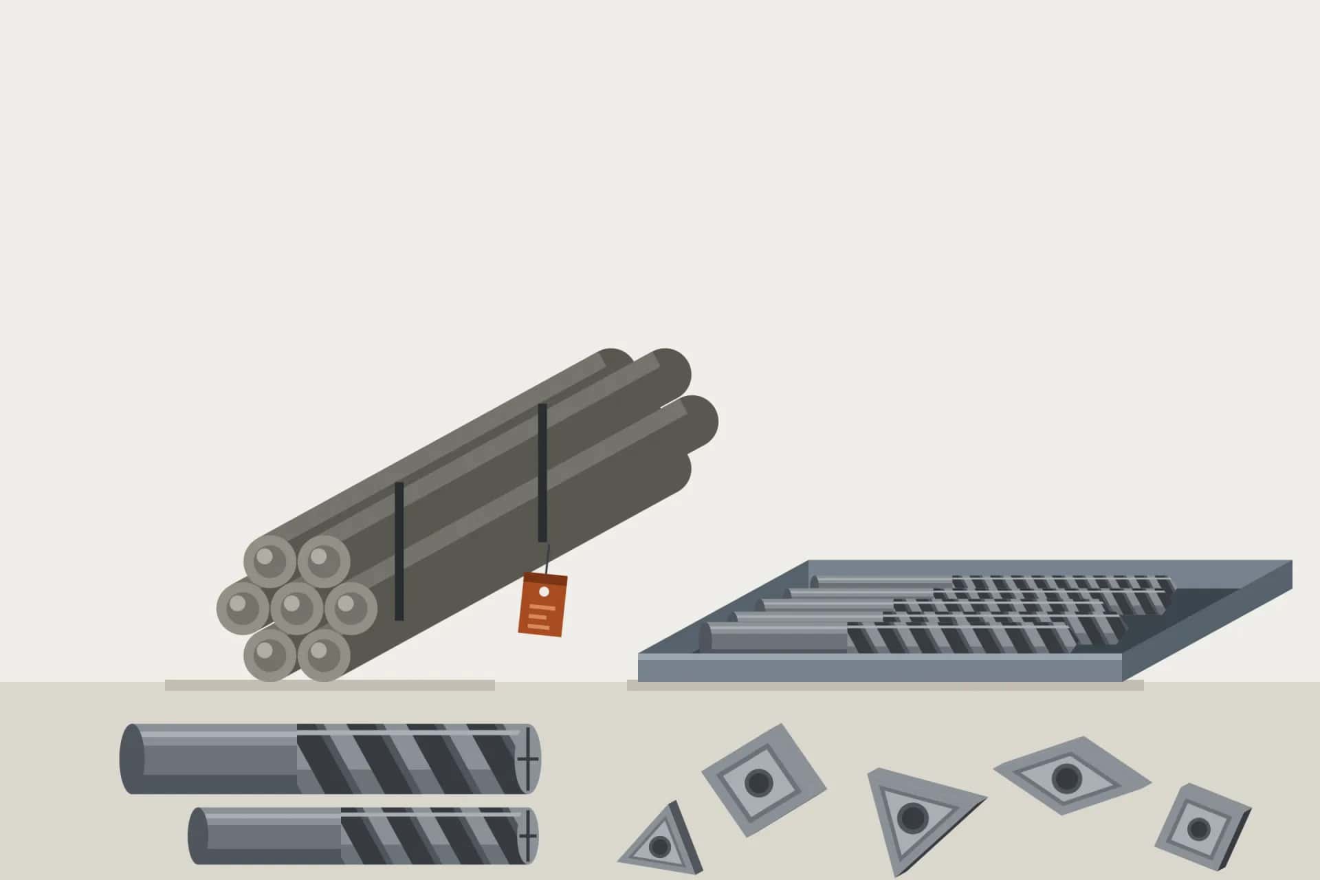 Elmas, karbür ve tungsten hurda illüstrasyonu: tungsten çubuklar, parmak frezeler, matkap ve kesici uçlar