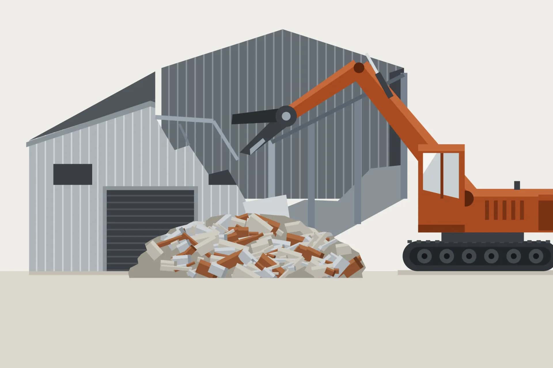 Fabrika yıkımı illüstrasyonu: makas ataşmanlı ekskavatör sanayi holünü yıkıyor, önde moloz