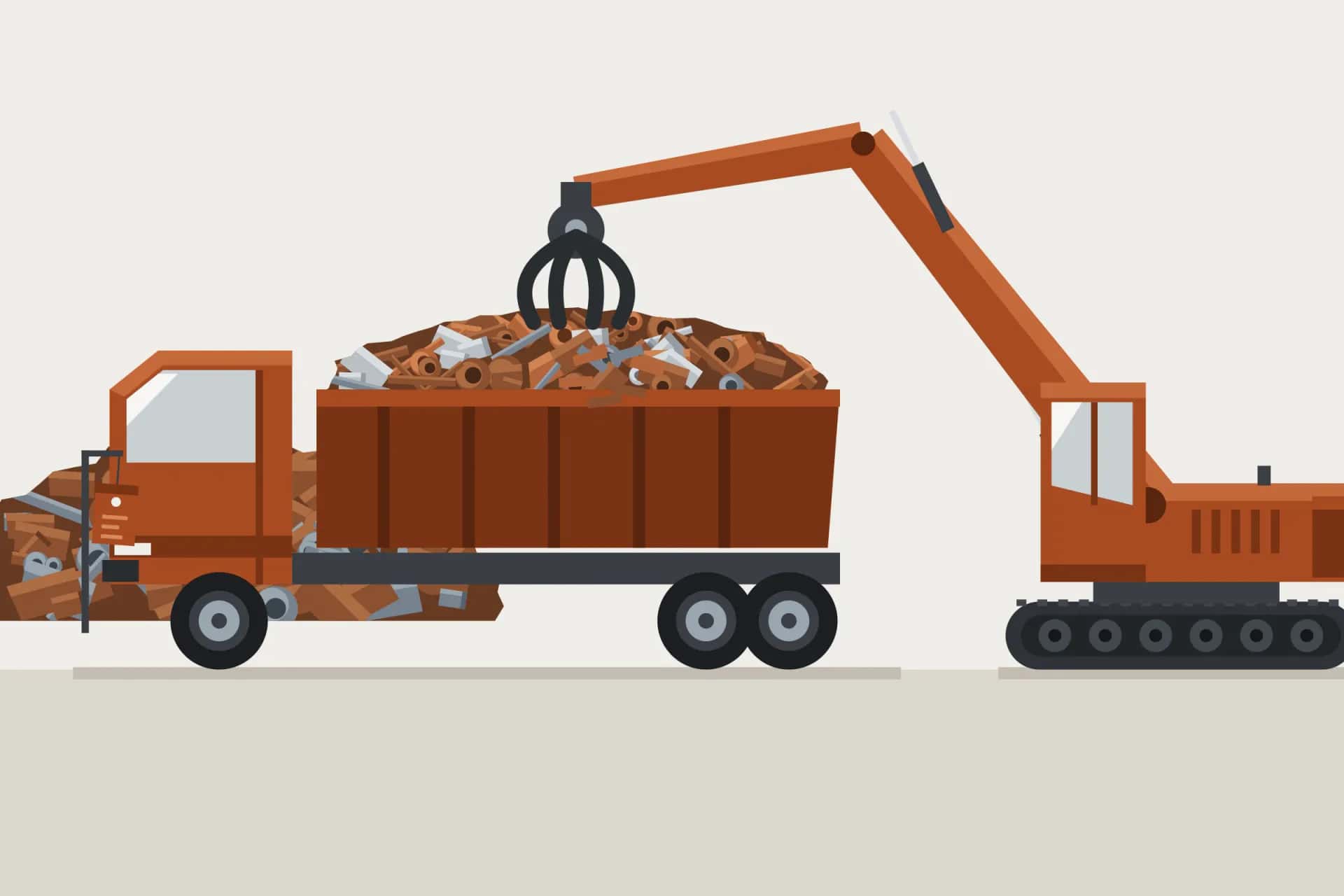 Hurda alımı illüstrasyonu: grab makinesi damperli kamyona karışık metal hurda yüklüyor