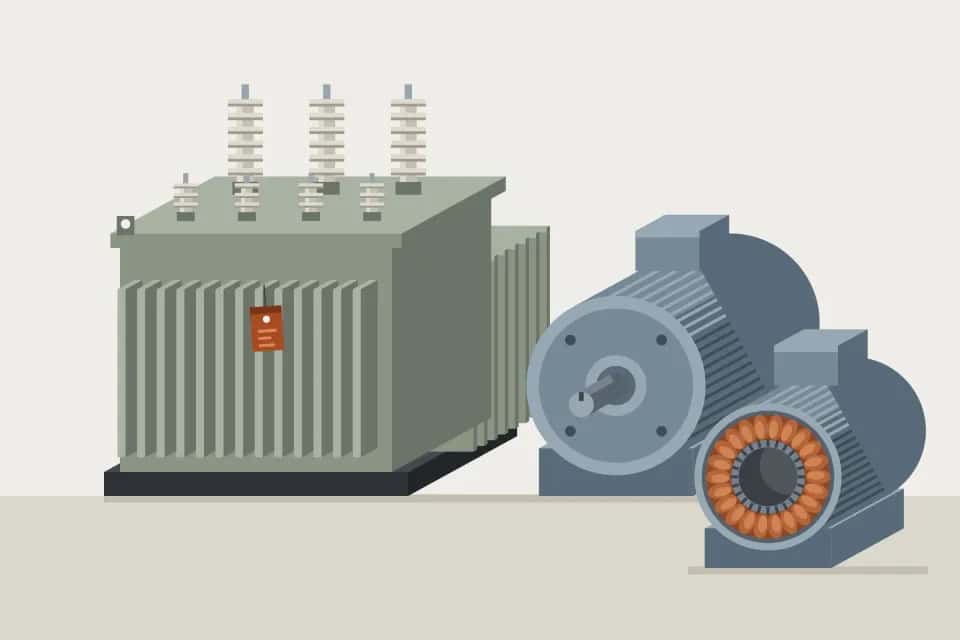 Trafo ve motor hurdası illüstrasyonu: soğutma dilimli trafo, elektrik motoru ve sargılı stator