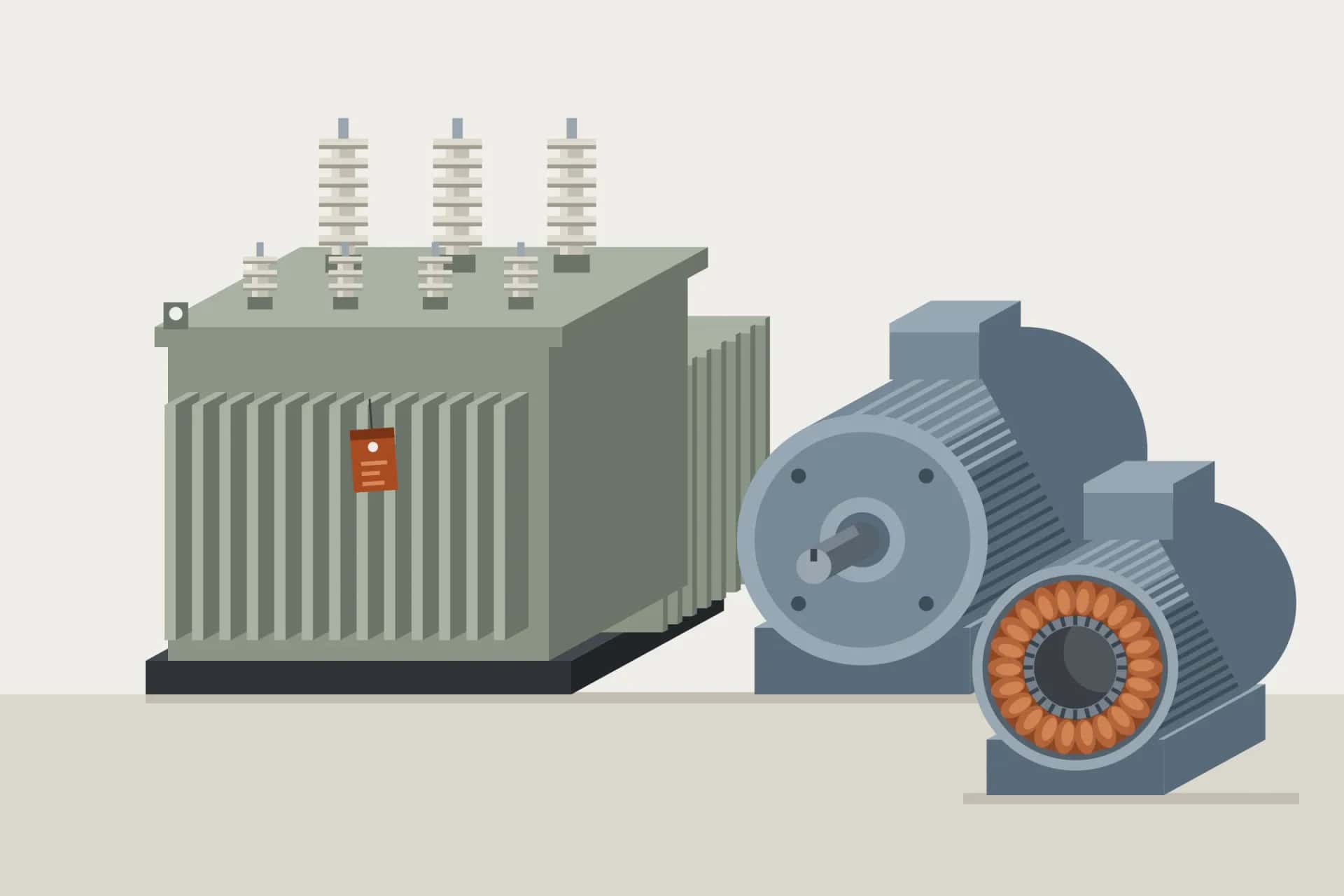 Trafo ve motor hurdası illüstrasyonu: soğutma dilimli trafo, elektrik motoru ve sargılı stator